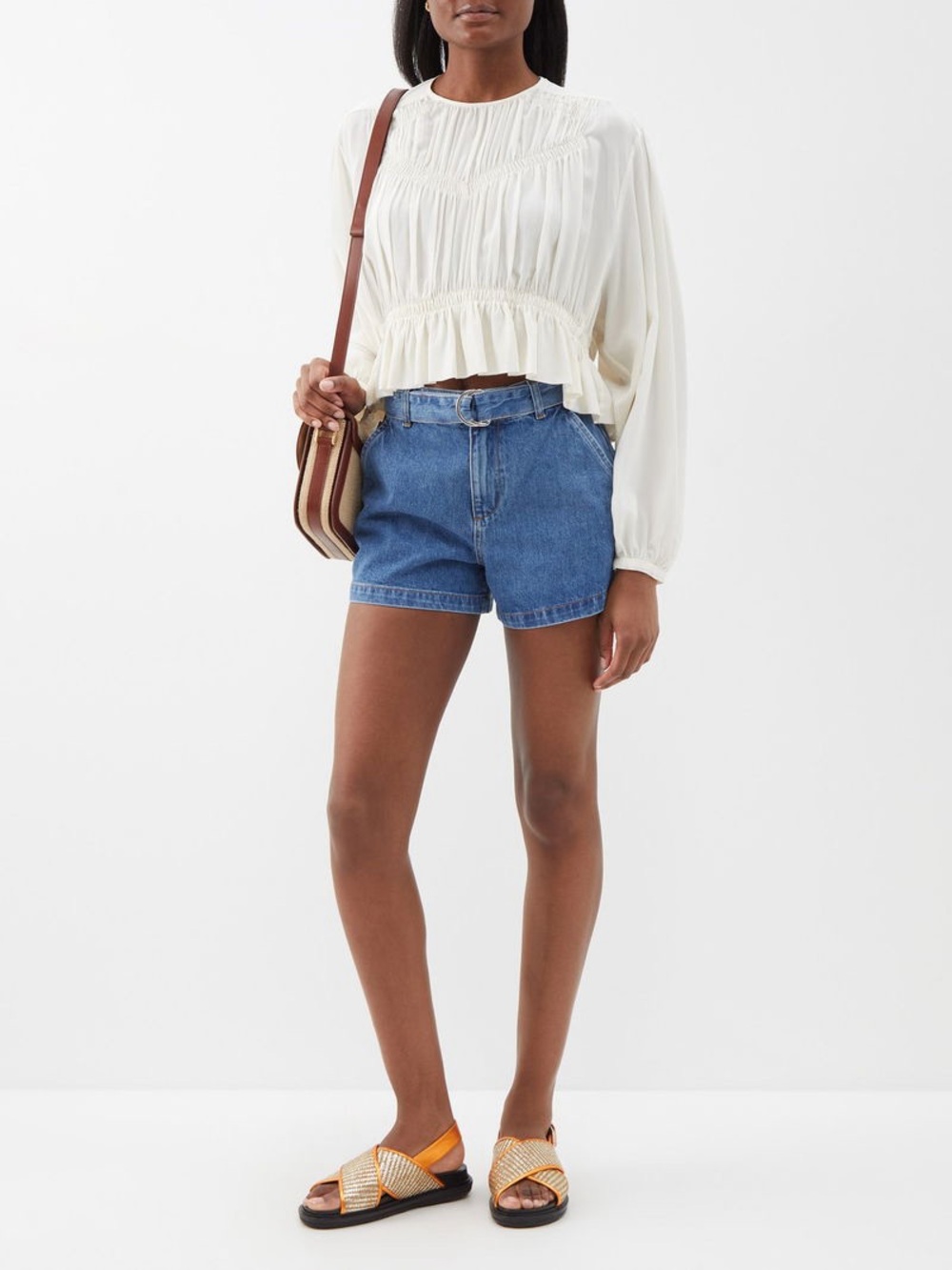 💜 FRAME Le Trousers Belted Denim Shorts | High-Waist Blue | Size 31